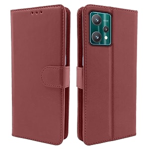 pikkme realme 9 pro flip case leather finish  inside tpu with card pockets  wallet stand and shock proof  magnetic closing  complete protection flip cover for realme 9 pro brown