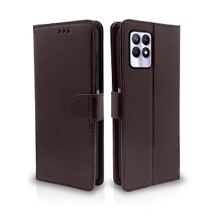 pikkme realme narzo 50 4g  realme 8i 4g flip cover leather finish  inside tpu with card pockets  wallet stand and shock proof  complete protection flip case coffee