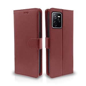 pikkme realme narzo 50a prime flip case leather finish  inside tpu with card pockets  wallet stand and shock proof  magnetic closing  complete protection flip cover brown
