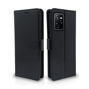 pikkme realme narzo 50a prime flip case leather finish  inside tpu with card pockets  wallet stand and shock proof  magnetic closing  complete protection flip cover black
