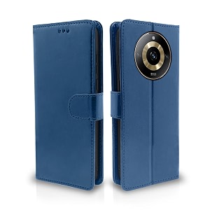 pikkme realme narzo 60 5g flip cover leather finish  inside tpu with card pockets  wallet stand and shock proof  complete protection flip case blue