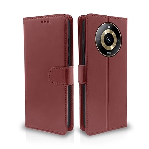 pikkme realme narzo 60 5g flip cover leather finish  inside tpu with card pockets  wallet stand and shock proof  complete protection flip case brown
