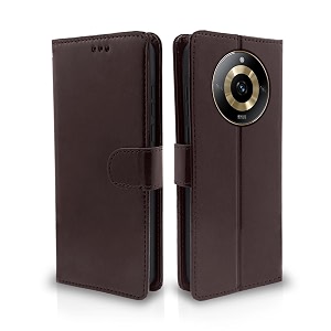 pikkme realme narzo 60 5g flip cover leather finish  inside tpu with card pockets  wallet stand and shock proof  complete protection flip case coffee