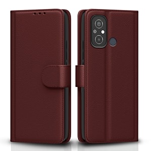 pikkme redmi 12c  poco c55 flip cover leather finish  inside tpu with card pockets  wallet stand and shock proof  complete protection flip case brown