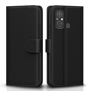 pikkme redmi 12c  poco c55 flip cover leather finish  inside tpu with card pockets  wallet stand and shock proof  complete protection flip case black