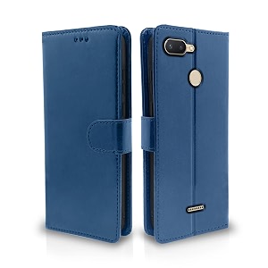 pikkme redmi 6 flip cover leather finish  inside tpu with card pockets  wallet stand and shock proof  complete protection flip case blue