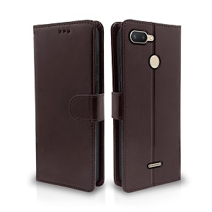 pikkme redmi 6 flip cover leather finish  inside tpu with card pockets  wallet stand and shock proof  complete protection flip case coffee