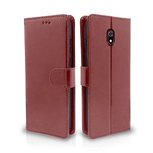 pikkme redmi 8a flip cover case leather finish  inside tpu with card pockets  wallet stand  shock proof  magnetic closure  360 degree complete protection flip cover for xiaomi redmi 8a - brown