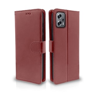 pikkme redmi k50i flip case leather finish  inside tpu with card pockets  wallet stand and shock proof  magnetic closing  complete protection flip cover for redmi k50i brown