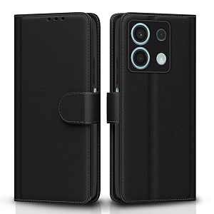pikkme redmi note 13 5g flip cover leather finish  inside tpu with card pockets  wallet stand and shock proof  complete protection flip case black
