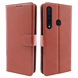pikkme samsung galaxy a9 2018 flip case leather finish  inside tpu with card pockets  wallet stand and shock proof  magnetic closing  complete protection flip cover brown