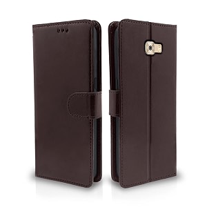 pikkme samsung galaxy c7 pro flip case leather finish  inside tpu with card pockets  wallet stand and shock proof  magnetic closing  complete protection flip cover coffee