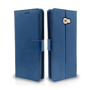 pikkme samsung galaxy c7 pro flip case leather finish  inside tpu with card pockets  wallet stand and shock proof  magnetic closing  complete protection flip cover blue