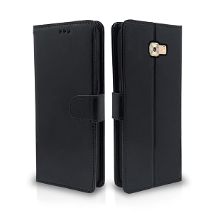 pikkme samsung galaxy c7 pro flip case leather finish  inside tpu with card pockets  wallet stand and shock proof  magnetic closing  complete protection flip cover black