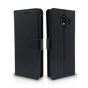 pikkme samsung galaxy j2 2018 flip case leather finish  inside tpu with card pockets  wallet stand and shock proof  magnetic closing  complete protection flip cover black