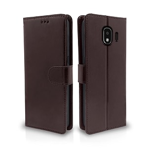 pikkme samsung galaxy j2 2018 flip case leather finish  inside tpu with card pockets  wallet stand and shock proof  magnetic closing  complete protection flip cover coffee