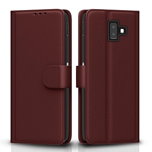 pikkme samsung galaxy j6 plus flip case leather finish  inside tpu with card pockets  wallet stand and shock proof  magnetic closing  complete protection flip cover brown