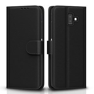 pikkme samsung galaxy j6 plus flip case leather finish  inside tpu with card pockets  wallet stand and shock proof  magnetic closing  complete protection flip cover black