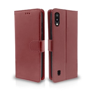 pikkme samsung galaxy m10 flip case leather finish  inside tpu with card pockets  wallet stand and shock proof  magnetic closing  complete protection flip cover brown