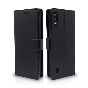 pikkme samsung galaxy m10 flip case leather finish  inside tpu with card pockets  wallet stand and shock proof  magnetic closing  complete protection flip cover black