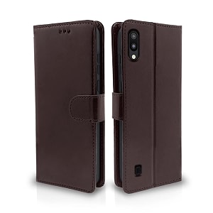 pikkme samsung galaxy m10 flip case leather finish  inside tpu with card pockets  wallet stand and shock proof  magnetic closing  complete protection flip cover coffee