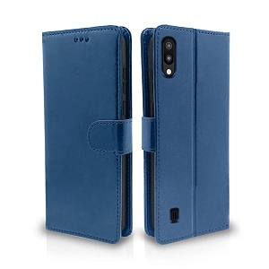 pikkme samsung galaxy m10 flip case leather finish  inside tpu with card pockets  wallet stand and shock proof  magnetic closing  complete protection flip cover blue