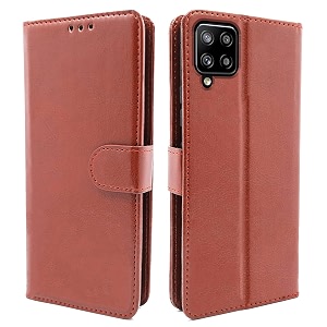pikkme samsung galaxy m42 flip cover leather finish  inside tpu with card pockets  wallet stand and shock proof  complete protection flip case brown