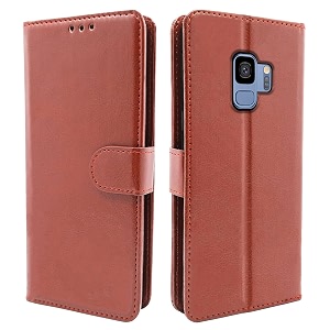 pikkme samsung galaxy s9 flip case leather finish  inside tpu with card pockets  wallet stand and shock proof  magnetic closing  complete protection flip cover for samsung galaxy s9 brown
