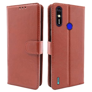 pikkme tecno spark go plus flip cover magnetic leather wallet case shockproof tpu for tecno spark go plus brown