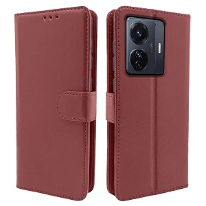 pikkme vivo t1 pro 5g iqoo z6 pro 5g flip case leather finish  inside tpu with card pockets  wallet stand and shock proof  magnetic closing  complete protection flip cover brown