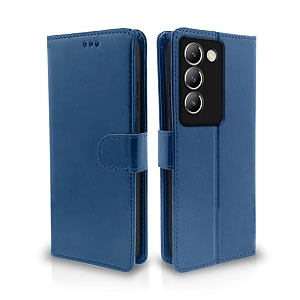 pikkme vivo t3 5g  vivo y200e 5g flip cover leather finish  inside tpu with card pockets  wallet stand and shock proof  complete protection flip case blue