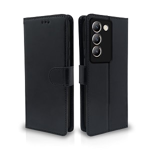pikkme vivo t3 5g  vivo y200e 5g flip cover leather finish  inside tpu with card pockets  wallet stand and shock proof  complete protection flip case black