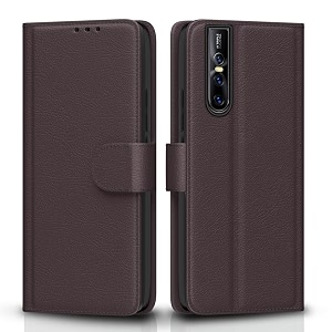 pikkme vivo v15 pro flip case leather finish  inside tpu with card pockets  wallet stand and shock proof  magnetic closing  complete protection flip cover for vivo v15 pro coffee