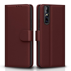 pikkme vivo v15 pro flip case leather finish  inside tpu with card pockets  wallet stand and shock proof  magnetic closing  complete protection flip cover for vivo v15 pro brown