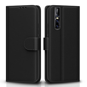 pikkme vivo v15 pro flip case leather finish  inside tpu with card pockets  wallet stand and shock proof  magnetic closing  complete protection flip cover for vivo v15 pro black