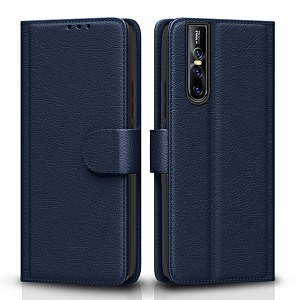 pikkme vivo v15 pro flip case leather finish  inside tpu with card pockets  wallet stand and shock proof  magnetic closing  complete protection flip cover for vivo v15 pro blue
