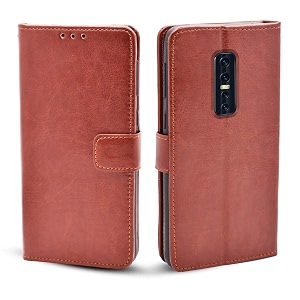 pikkme vivo v17 pro flip case leather finish  inside tpu with card pockets  wallet stand and shock proof  magnetic closing  complete protection flip cover for vivo v17 pro brown