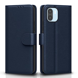 pikkme redmi a1  redmi a2 flip case leather finish  inside tpu with card pockets  wallet stand and shock proof  magnetic closing  complete protection flip cover for redmi a1  redmi a2 blue