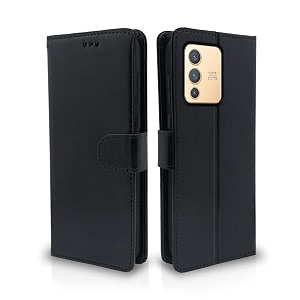 pikkme vivo v23 5g flip case leather finish  inside tpu with card pockets  wallet stand and shock proof  magnetic closing  complete protection flip cover for vivo v23 5g black