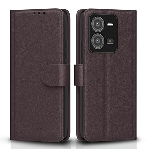 pikkme vivo v25 5g flip case leather finish  inside tpu with card pockets  wallet stand and shock proof  magnetic closing  complete protection flip cover for vivo v25 5g coffee