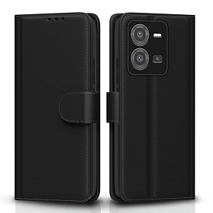 pikkme vivo v25 5g flip case leather finish  inside tpu with card pockets  wallet stand and shock proof  magnetic closing  complete protection flip cover for vivo v25 5g black