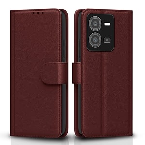 pikkme vivo v25 5g flip case leather finish  inside tpu with card pockets  wallet stand and shock proof  magnetic closing  complete protection flip cover for vivo v25 5g brown