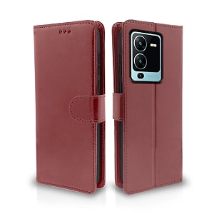 pikkme vivo v25 pro 5g flip case leather finish  inside tpu with card pockets  wallet stand and shock proof  magnetic closing  complete protection flip cover brown