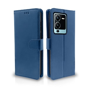 pikkme vivo v25 pro 5g flip case leather finish  inside tpu with card pockets  wallet stand and shock proof  magnetic closing  complete protection flip cover blue