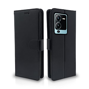 pikkme vivo v25 pro 5g flip case leather finish  inside tpu with card pockets  wallet stand and shock proof  magnetic closing  complete protection flip cover black