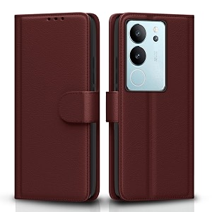 pikkme vivo v29  v29 pro 5g flip cover leather finish  inside tpu with card pockets  wallet stand and shock proof  complete protection flip case brown