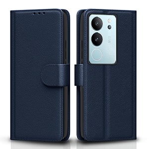 pikkme vivo v29  v29 pro 5g flip cover leather finish  inside tpu with card pockets  wallet stand and shock proof  complete protection flip case blue