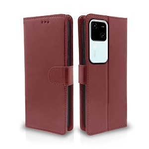 pikkme vivo v30 5g flip cover leather finish  inside tpu with card pockets  wallet stand and shock proof  complete protection flip case brown