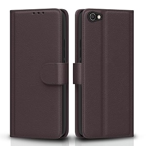 pikkme vivo v5  v5s  y66  y67 flip case leather finish  inside tpu with card pockets  wallet stand and shock proof  magnetic closing  complete protection flip cover coffee