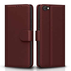 pikkme vivo v5  v5s  y66  y67 flip case leather finish  inside tpu with card pockets  wallet stand and shock proof  magnetic closing  complete protection flip cover brown